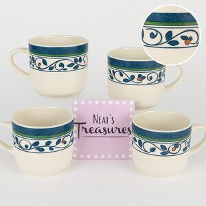 Pfaltzgraff ORLEANS Blue Green Vines Yellow Stoneware Flat  8oz Cups Mugs Set 4